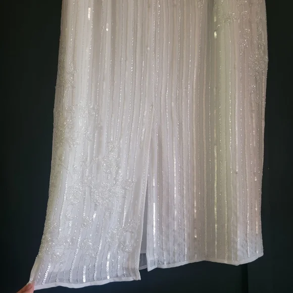 NWT Mac Duggal 70260 White Striped Beaded Floral Embellish Sleeveless Midi Dress - Picture 15 of 16